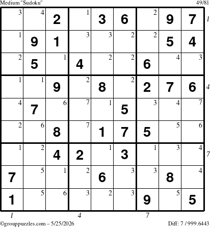 The grouppuzzles.com Medium Sudoku puzzle for Monday May 25, 2026, suitable for printing, with all 7 steps marked