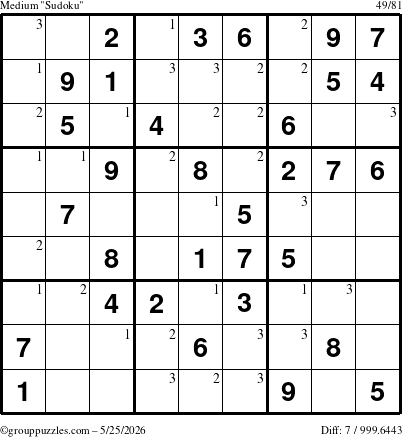 The grouppuzzles.com Medium Sudoku puzzle for Monday May 25, 2026 with the first 3 steps marked