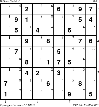 The grouppuzzles.com Difficult Sudoku puzzle for Monday May 25, 2026, suitable for printing, with all 10 steps marked
