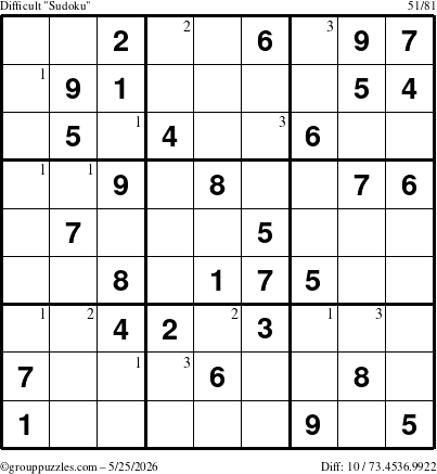 The grouppuzzles.com Difficult Sudoku puzzle for Monday May 25, 2026 with the first 3 steps marked