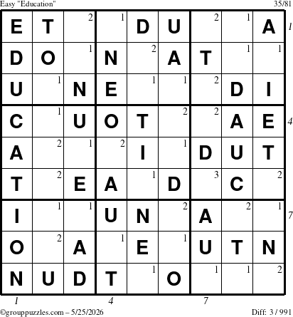The grouppuzzles.com Easy Education-c1 puzzle for Monday May 25, 2026 with all 3 steps marked