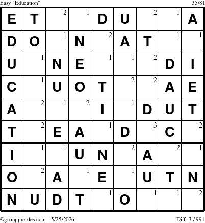The grouppuzzles.com Easy Education-c1 puzzle for Monday May 25, 2026 with the first 3 steps marked
