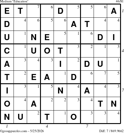 The grouppuzzles.com Medium Education-c1 puzzle for Monday May 25, 2026, suitable for printing, with all 7 steps marked