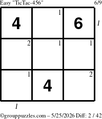 The grouppuzzles.com Easy TicTac-456 puzzle for Monday May 25, 2026, suitable for printing, with all 2 steps marked