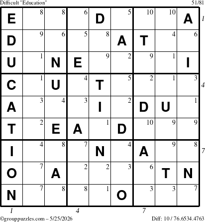 The grouppuzzles.com Difficult Education-c1 puzzle for Monday May 25, 2026 with all 10 steps marked