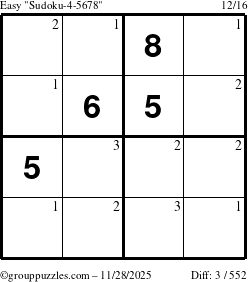 The grouppuzzles.com Easy Sudoku-4-5678 puzzle for Friday November 28, 2025 with the first 3 steps marked