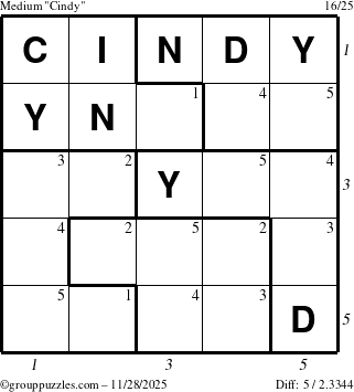 The grouppuzzles.com Medium Cindy puzzle for Friday November 28, 2025, suitable for printing, with all 5 steps marked