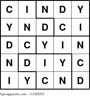 The grouppuzzles.com Answer grid for the Cindy puzzle for Friday November 28, 2025