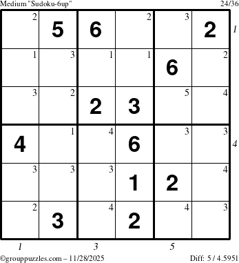 The grouppuzzles.com Medium Sudoku-6up puzzle for Friday November 28, 2025 with all 5 steps marked