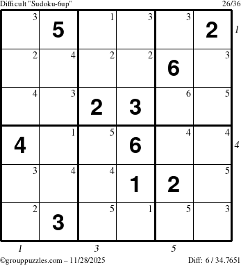 The grouppuzzles.com Difficult Sudoku-6up puzzle for Friday November 28, 2025, suitable for printing, with all 6 steps marked