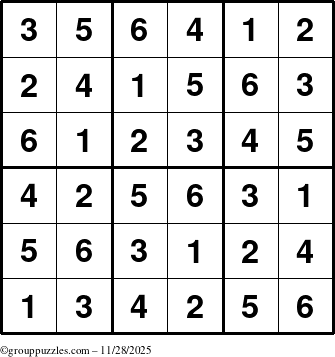 The grouppuzzles.com Answer grid for the Sudoku-6up puzzle for Friday November 28, 2025