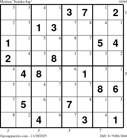 The grouppuzzles.com Medium Sudoku-8up puzzle for Friday November 28, 2025 with all 8 steps marked