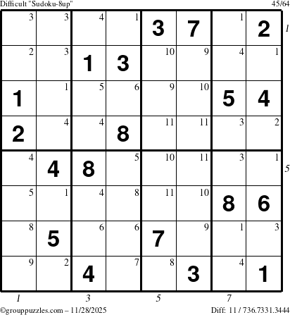The grouppuzzles.com Difficult Sudoku-8up puzzle for Friday November 28, 2025, suitable for printing, with all 11 steps marked