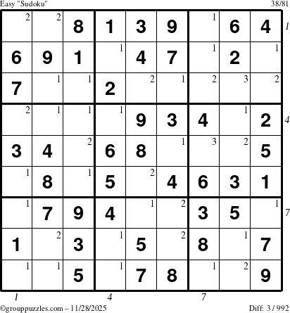 The grouppuzzles.com Easy Sudoku puzzle for Friday November 28, 2025, suitable for printing, with all 3 steps marked