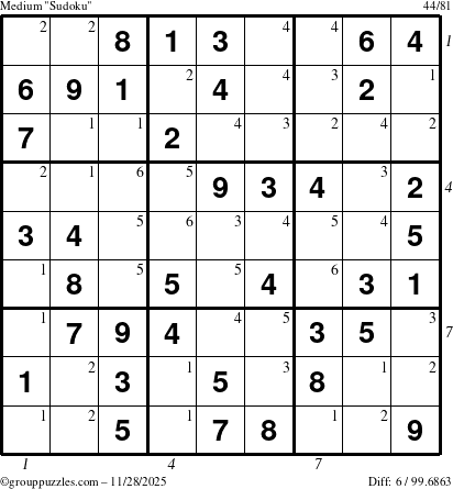 The grouppuzzles.com Medium Sudoku puzzle for Friday November 28, 2025, suitable for printing, with all 6 steps marked