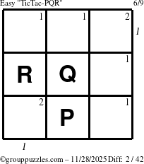 The grouppuzzles.com Easy TicTac-PQR puzzle for Friday November 28, 2025, suitable for printing, with all 2 steps marked