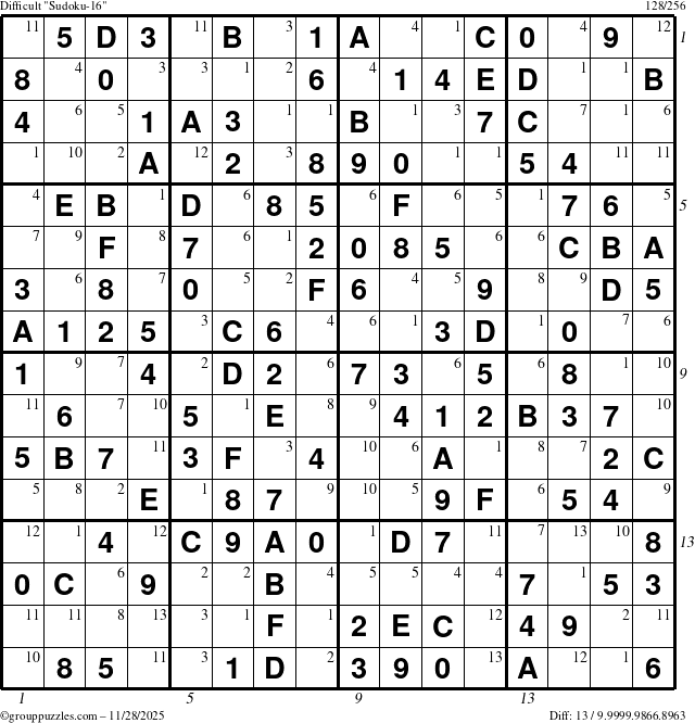 The grouppuzzles.com Difficult Sudoku-16 puzzle for Friday November 28, 2025, suitable for printing, with all 13 steps marked
