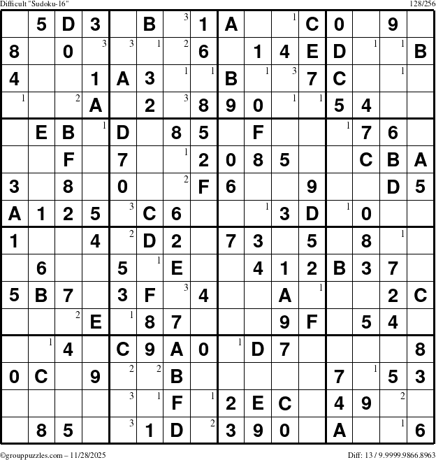 The grouppuzzles.com Difficult Sudoku-16 puzzle for Friday November 28, 2025 with the first 3 steps marked