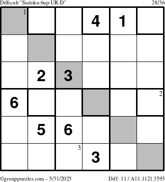 The grouppuzzles.com Difficult Sudoku-6up-UR-D puzzle for Saturday May 31, 2025 with the first 3 steps marked