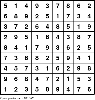 The grouppuzzles.com Answer grid for the Sudoku puzzle for Saturday May 31, 2025