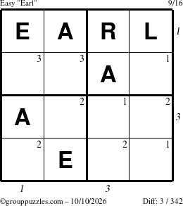 The grouppuzzles.com Easy Earl puzzle for Saturday October 10, 2026 with all 3 steps marked