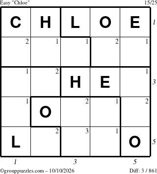 The grouppuzzles.com Easy Chloe puzzle for Saturday October 10, 2026, suitable for printing, with all 3 steps marked