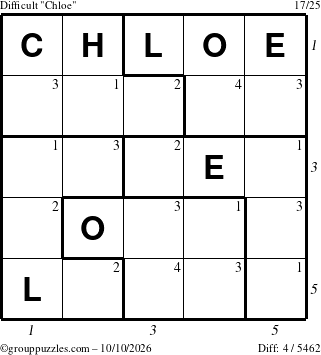The grouppuzzles.com Difficult Chloe puzzle for Saturday October 10, 2026, suitable for printing, with all 4 steps marked