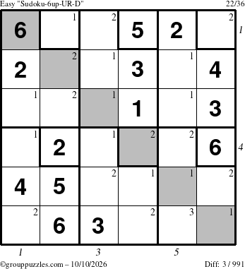 The grouppuzzles.com Easy Sudoku-6up-UR-D puzzle for Saturday October 10, 2026, suitable for printing, with all 3 steps marked