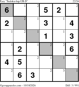 The grouppuzzles.com Easy Sudoku-6up-UR-D puzzle for Saturday October 10, 2026 with the first 3 steps marked