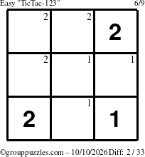 The grouppuzzles.com Easy TicTac-123 puzzle for Saturday October 10, 2026 with the first 2 steps marked