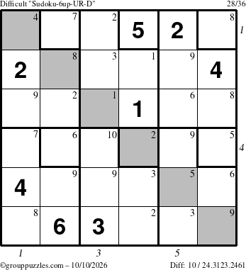 The grouppuzzles.com Difficult Sudoku-6up-UR-D puzzle for Saturday October 10, 2026, suitable for printing, with all 10 steps marked