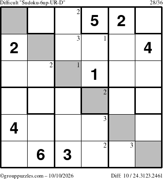 The grouppuzzles.com Difficult Sudoku-6up-UR-D puzzle for Saturday October 10, 2026 with the first 3 steps marked
