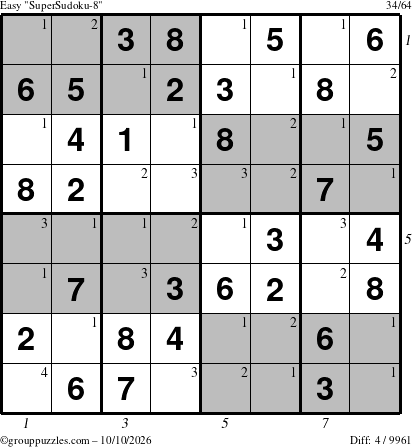 The grouppuzzles.com Easy SuperSudoku-8 puzzle for Saturday October 10, 2026 with all 4 steps marked
