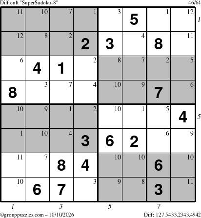 The grouppuzzles.com Difficult SuperSudoku-8 puzzle for Saturday October 10, 2026, suitable for printing, with all 12 steps marked