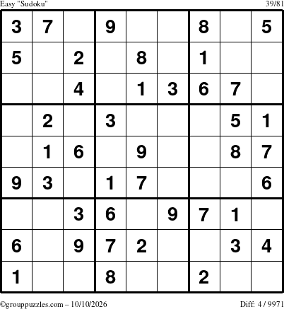 The grouppuzzles.com Easy Sudoku puzzle for Saturday October 10, 2026