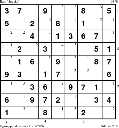 The grouppuzzles.com Easy Sudoku puzzle for Saturday October 10, 2026, suitable for printing, with all 4 steps marked