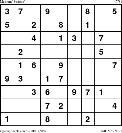 The grouppuzzles.com Medium Sudoku puzzle for Saturday October 10, 2026