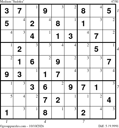 The grouppuzzles.com Medium Sudoku puzzle for Saturday October 10, 2026, suitable for printing, with all 5 steps marked