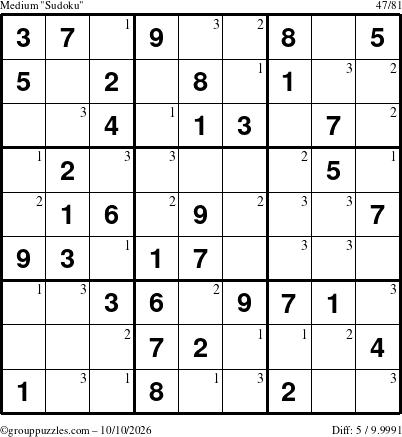 The grouppuzzles.com Medium Sudoku puzzle for Saturday October 10, 2026 with the first 3 steps marked