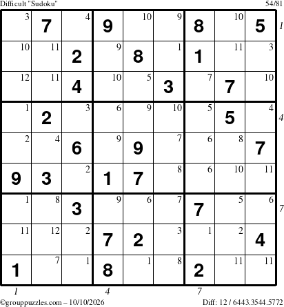 The grouppuzzles.com Difficult Sudoku puzzle for Saturday October 10, 2026 with all 12 steps marked