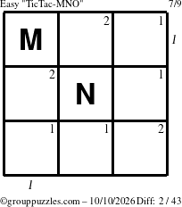 The grouppuzzles.com Easy TicTac-MNO puzzle for Saturday October 10, 2026 with all 2 steps marked