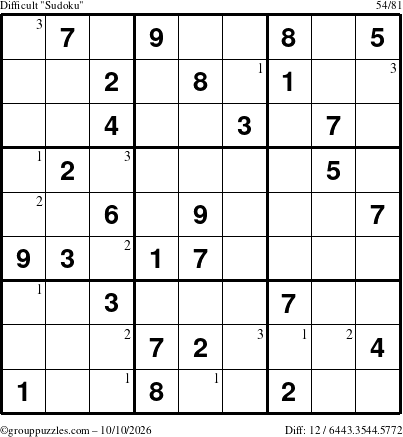 The grouppuzzles.com Difficult Sudoku puzzle for Saturday October 10, 2026 with the first 3 steps marked