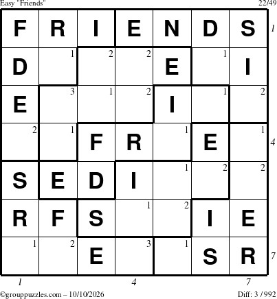 The grouppuzzles.com Easy Friends puzzle for Saturday October 10, 2026, suitable for printing, with all 3 steps marked
