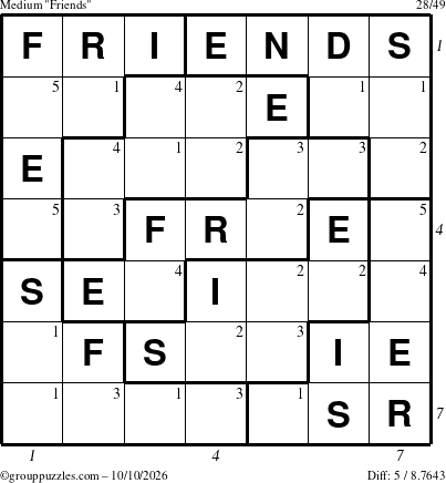 The grouppuzzles.com Medium Friends puzzle for Saturday October 10, 2026, suitable for printing, with all 5 steps marked