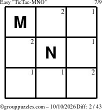 The grouppuzzles.com Easy TicTac-MNO puzzle for Saturday October 10, 2026 with the first 2 steps marked