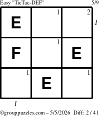 The grouppuzzles.com Easy TicTac-DEF puzzle for Tuesday May 5, 2026 with all 2 steps marked