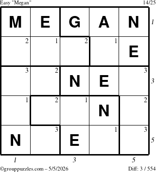The grouppuzzles.com Easy Megan puzzle for Tuesday May 5, 2026 with all 3 steps marked