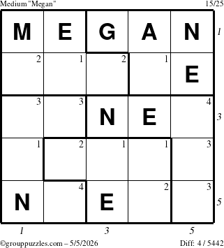 The grouppuzzles.com Medium Megan puzzle for Tuesday May 5, 2026 with all 4 steps marked