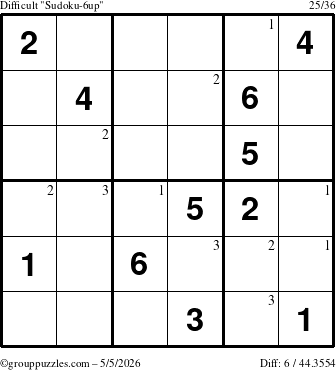 The grouppuzzles.com Difficult Sudoku-6up puzzle for Tuesday May 5, 2026 with the first 3 steps marked