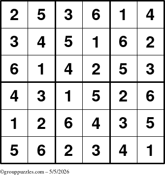 The grouppuzzles.com Answer grid for the Sudoku-6up puzzle for Tuesday May 5, 2026